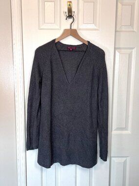 Jessica London V-Neck Grey Knit Long Length Tunic Sweater Size 14/16